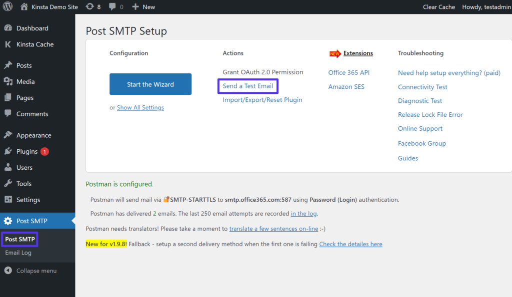 Accéder à la fonction d'e-mail de test de Post SMTP