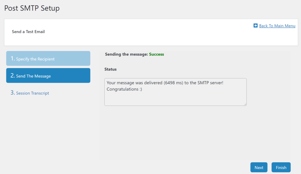 Le message de réussite lorsque les réglages SMTP d'Outlook sont corrects.