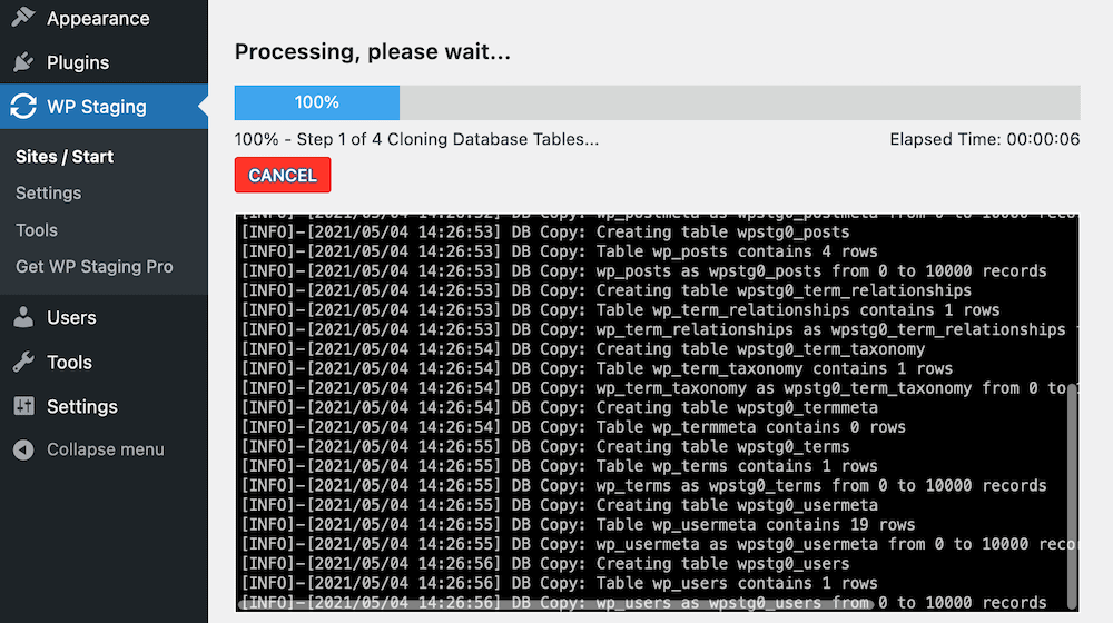 O procedimento de clonagem do WP Staging Plugin.