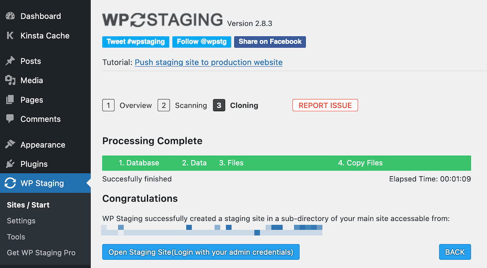 The WP Staging Completion screen.