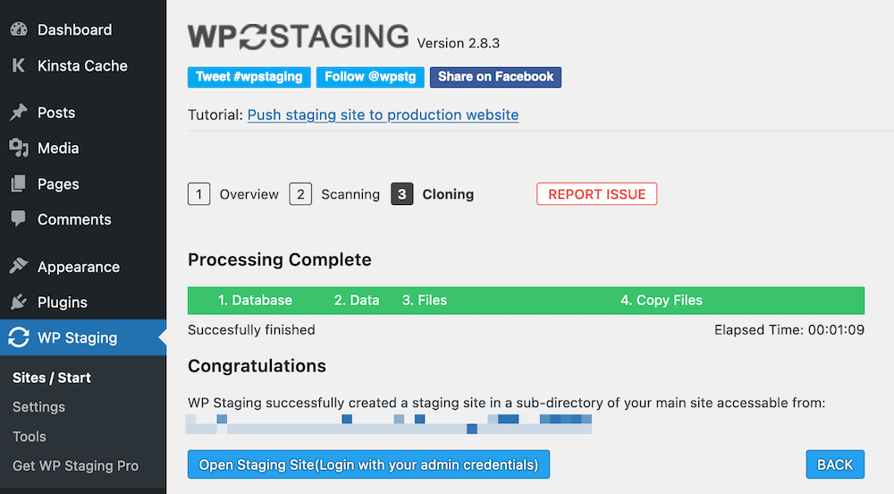 WP Staging Slutfört-skärm