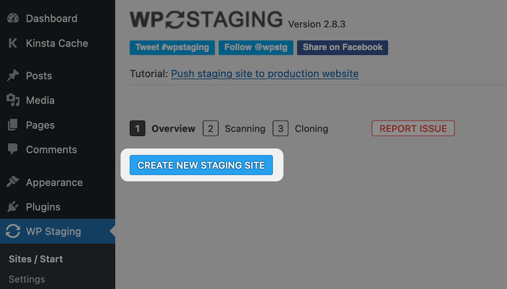 Criação de um novo local de teste com WP Staging.