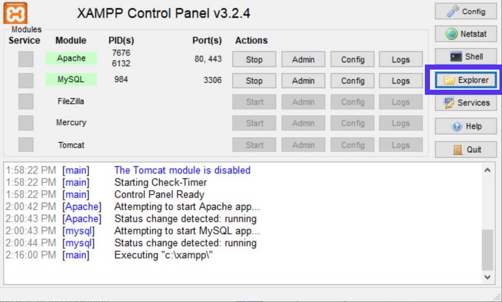 De Explorer knop in het XAMPP Control Panel.