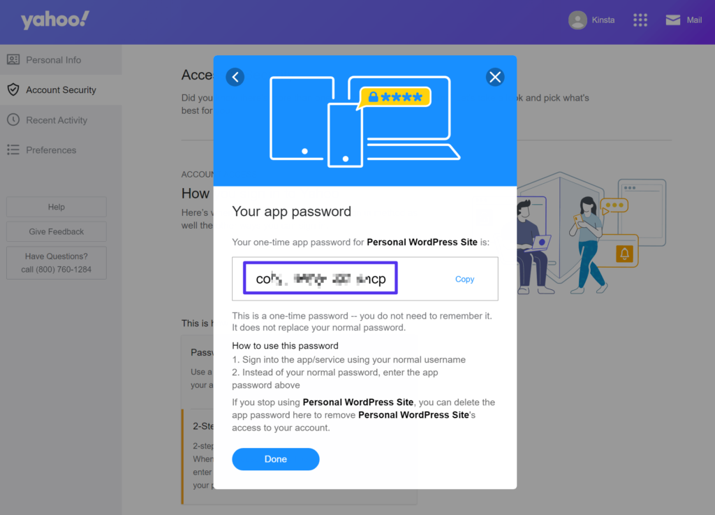 La App Password de Yahoo Mail.