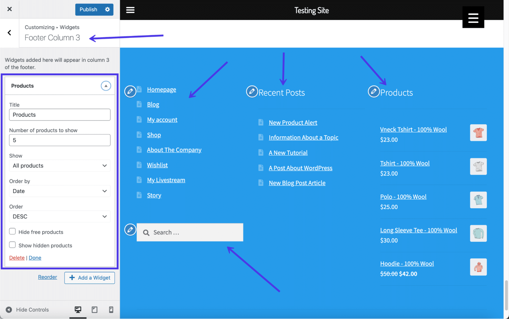 Un pie de página de WordPress completo con varios widgets.