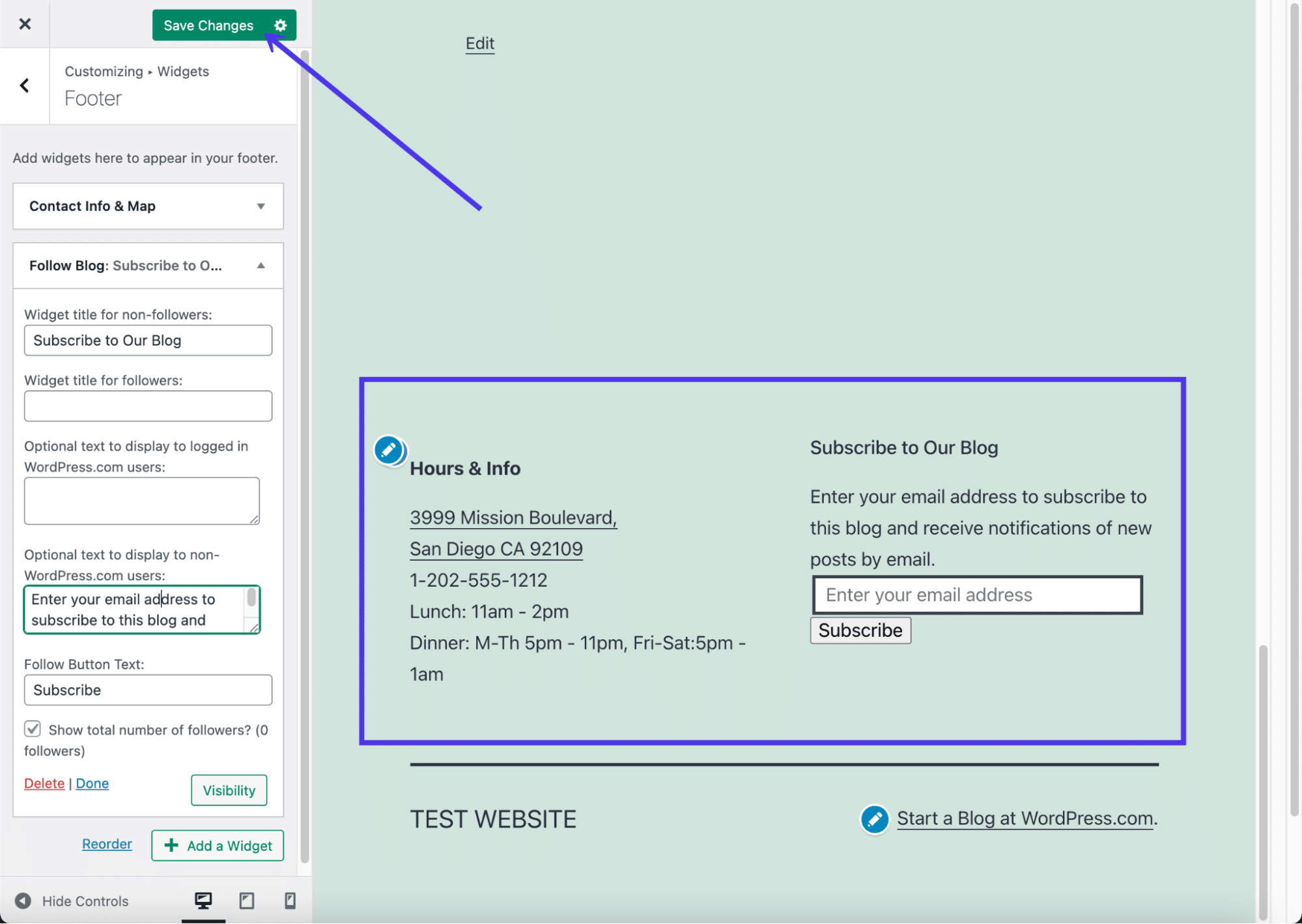  Een voltooide footer met de widgets voor aanmelden mailinglijst en contactinformatie.