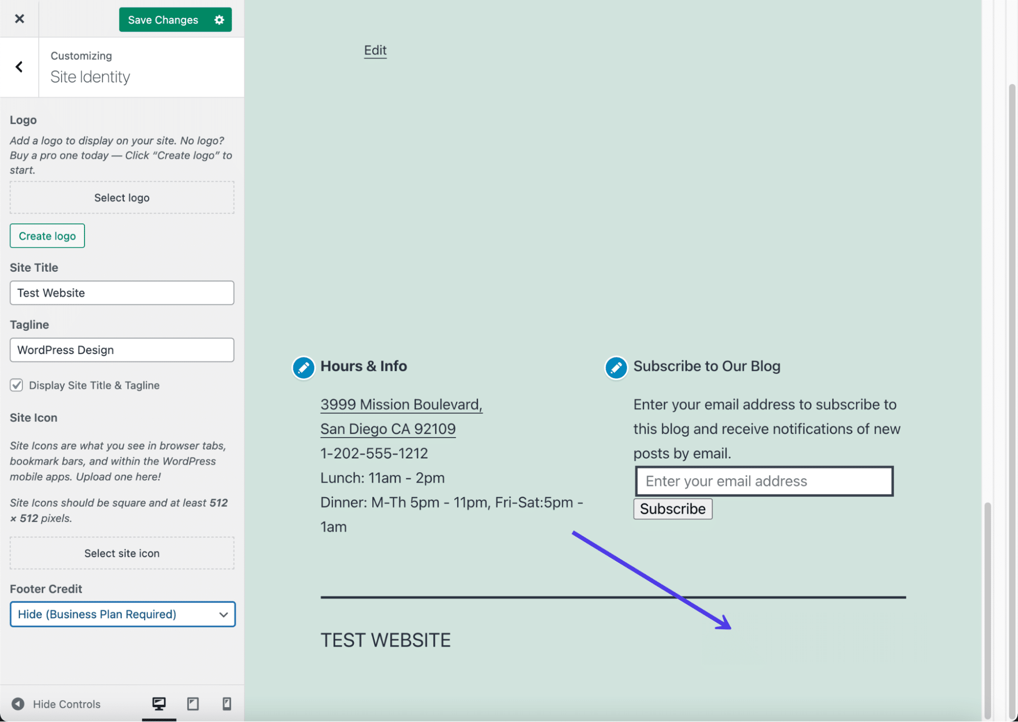 Um rodapé sem o crédito do WordPress.