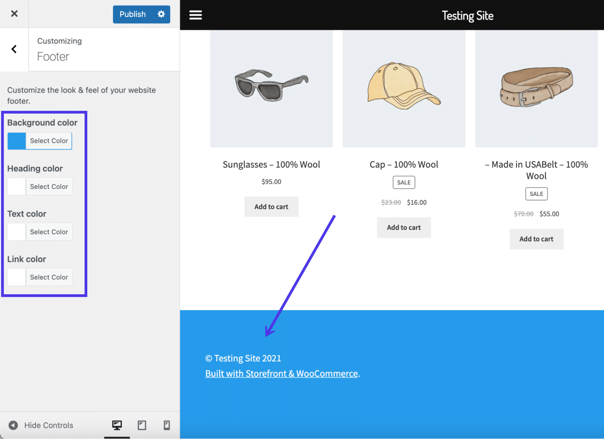 Une nouvelle couleur d'arrière-plan et de texte dans le pied de page WordPress.