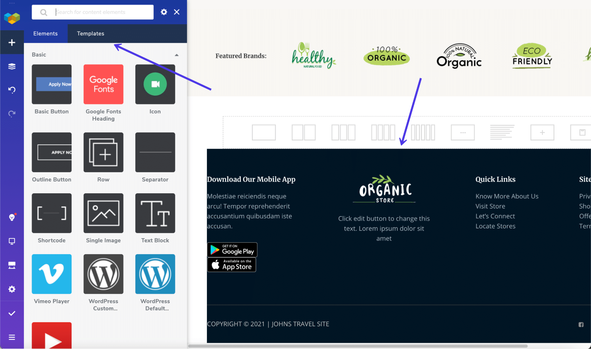 Un pie de página prefabricado que viene con una de las plantillas de Visual Composer.