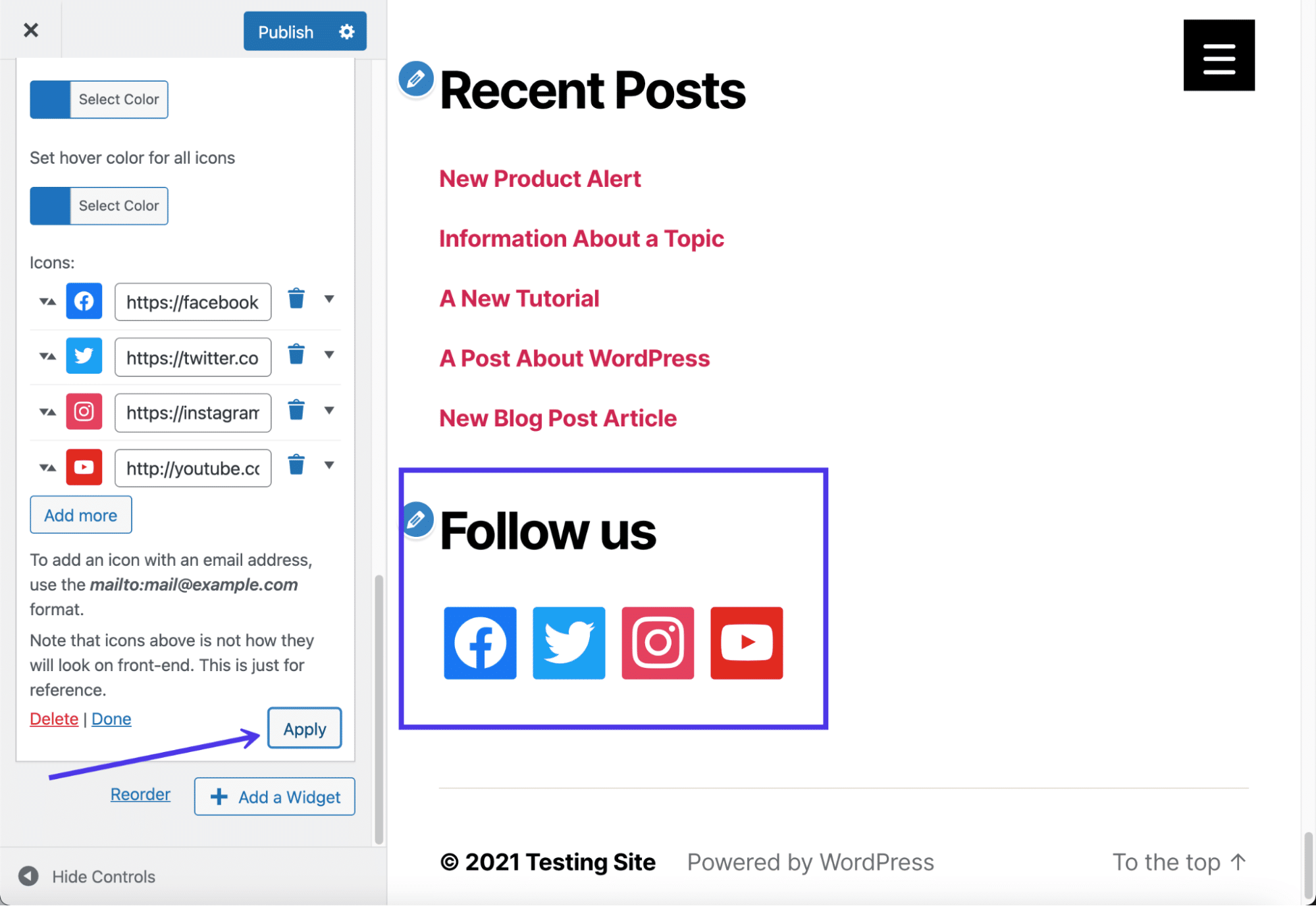 Una vista de los botones de redes sociales terminados.