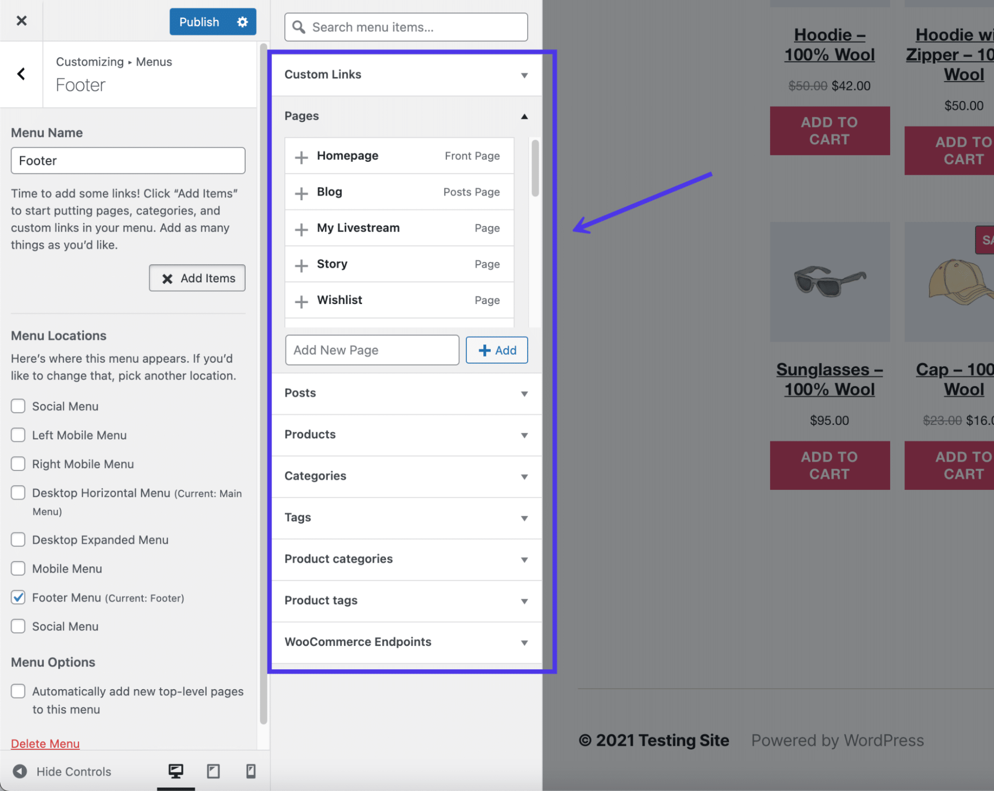  Voeg pagina's en andere elementen toe aan het menu.