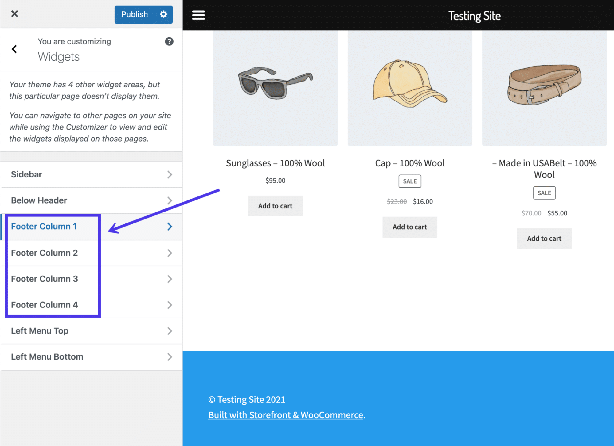 Wähle eine Footer-Spalte aus.