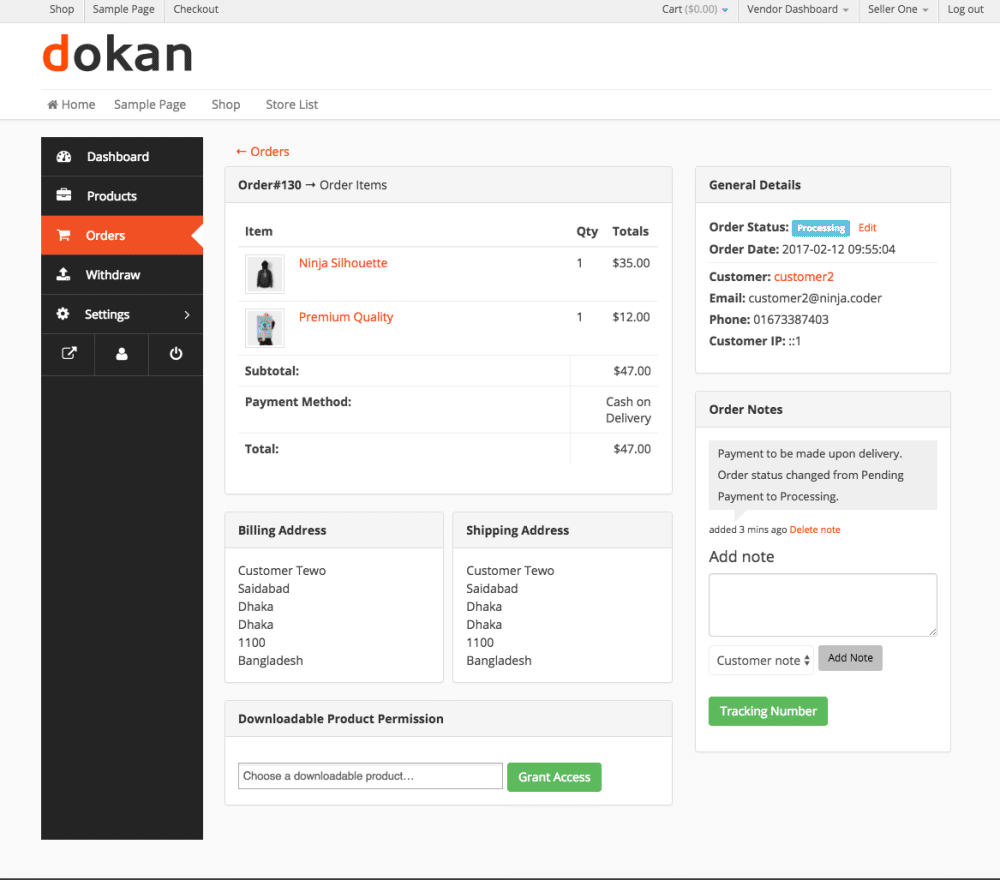 Dokan multivendor-plugin för WooCommerce, orderhantering.