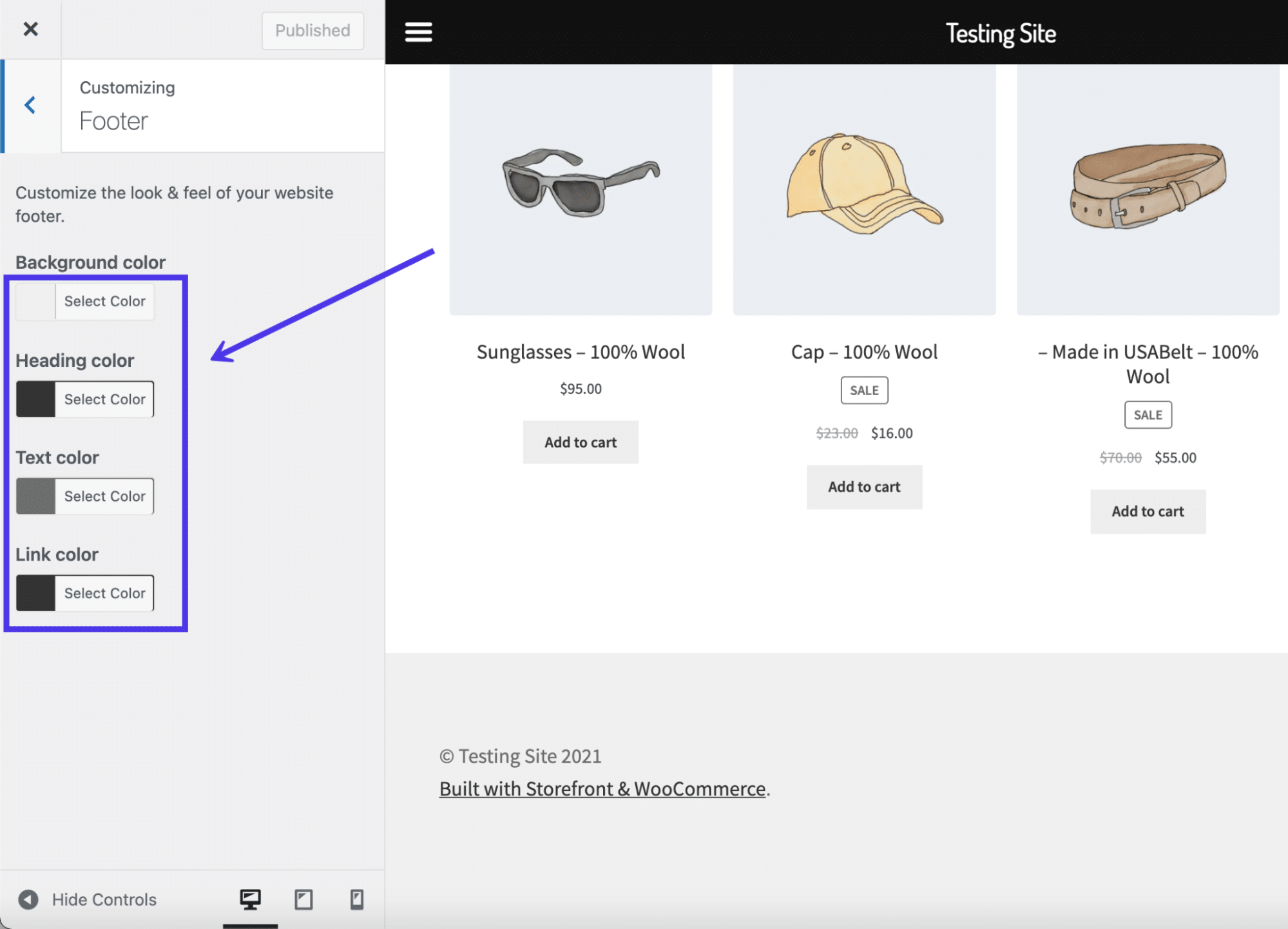 Configuración del color del pie de página.