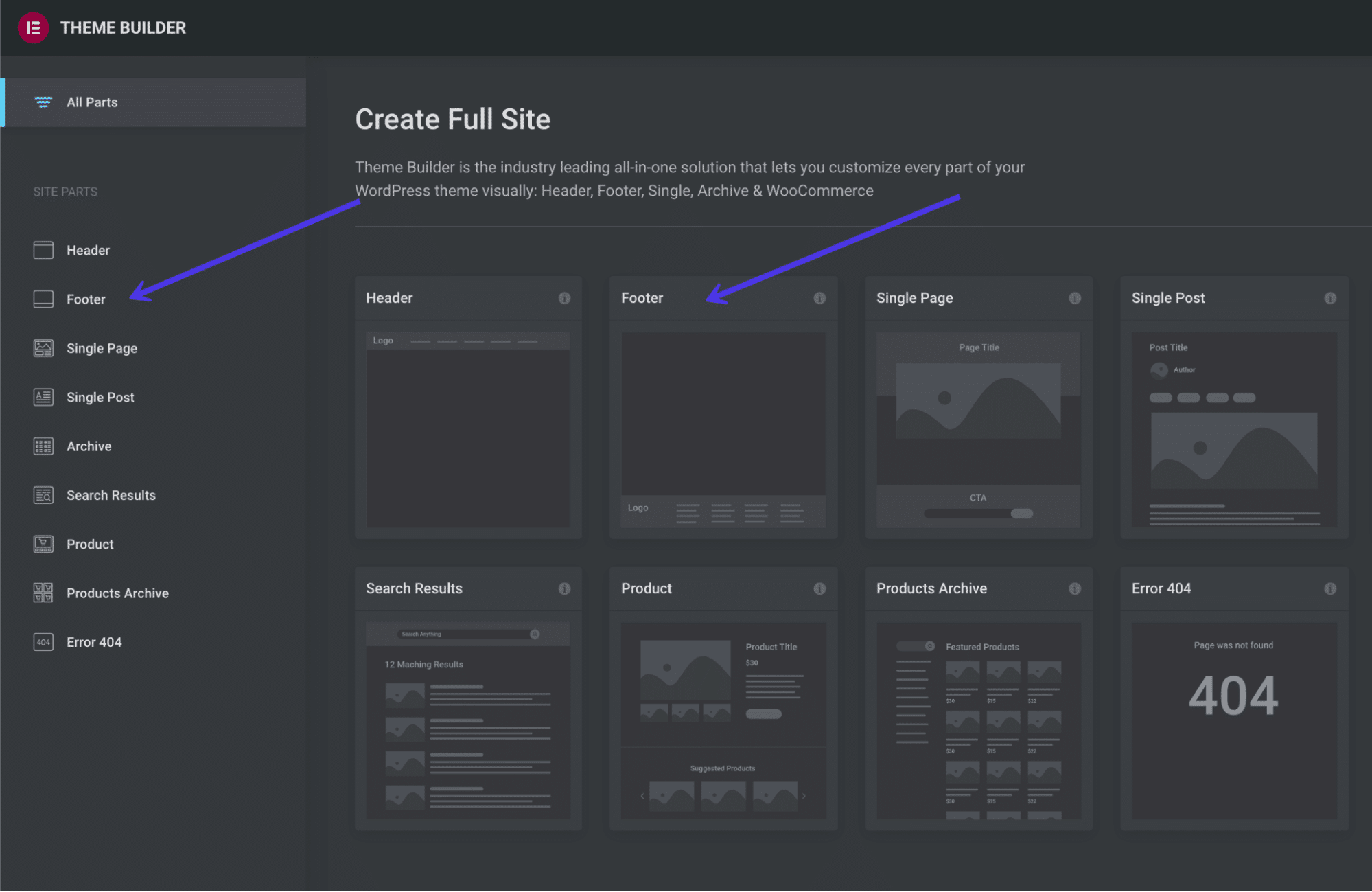 Footer editing options in Elementor.