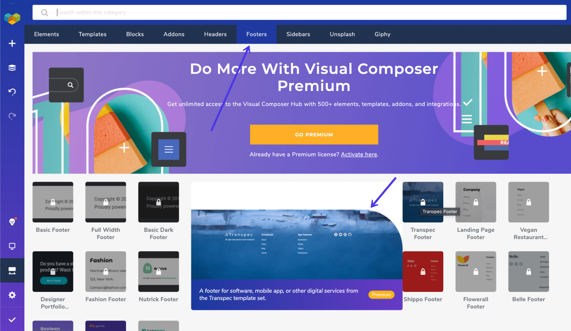 Sezione Footers in Visual Composer.
