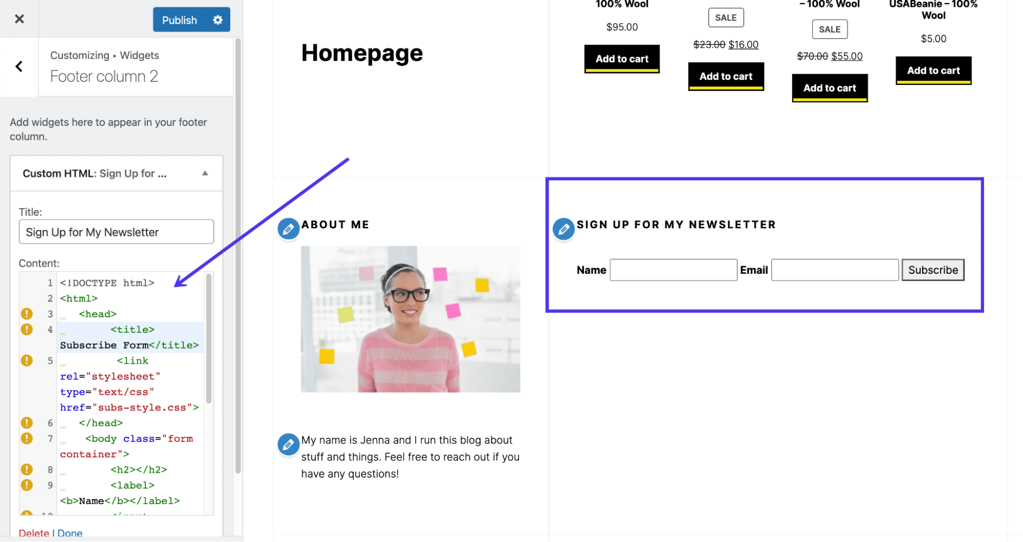 Nel Personalizza trovate l’area per incollare il codice HTML nel widget.