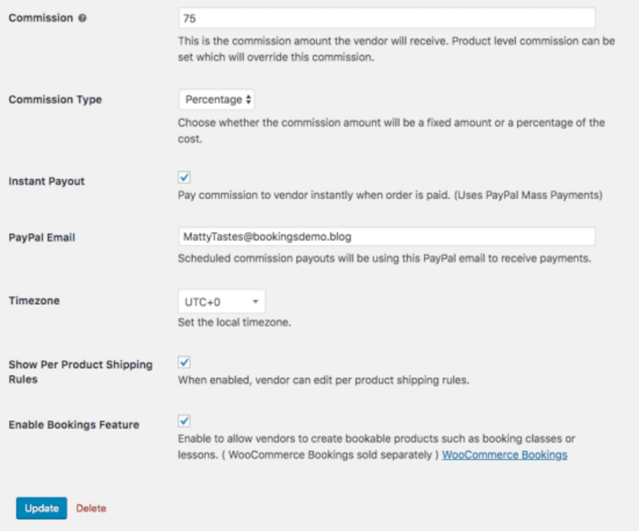 Panel de configuración del plugin WooCommerce Product Vendors multi-vendor.