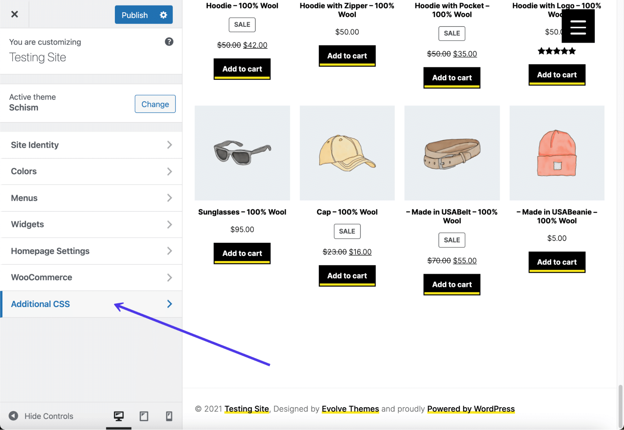 Klicke auf die Registerkarte "Zusätzliche CSS".