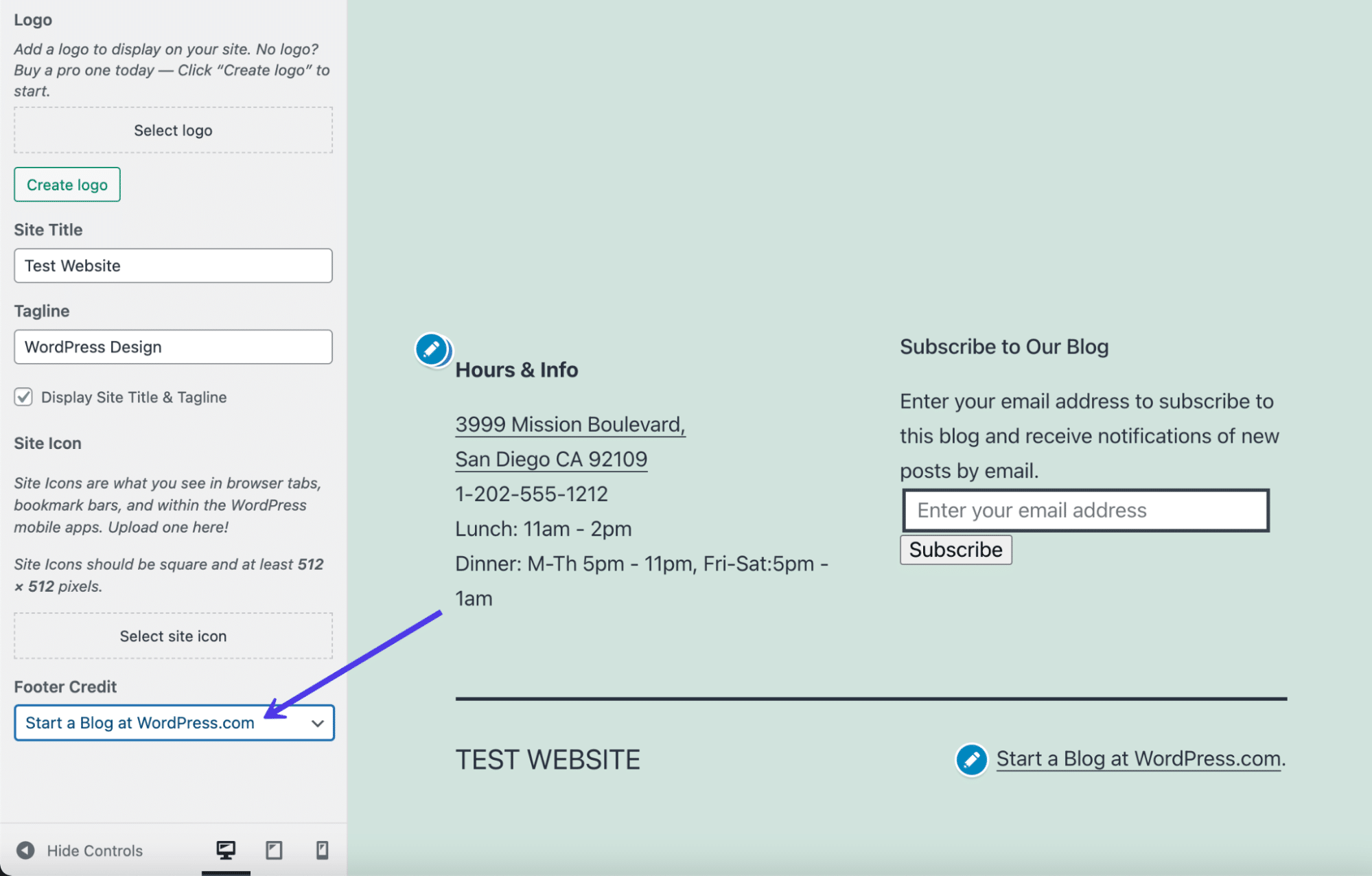 Le menu déroulant Crédit de pied de page.