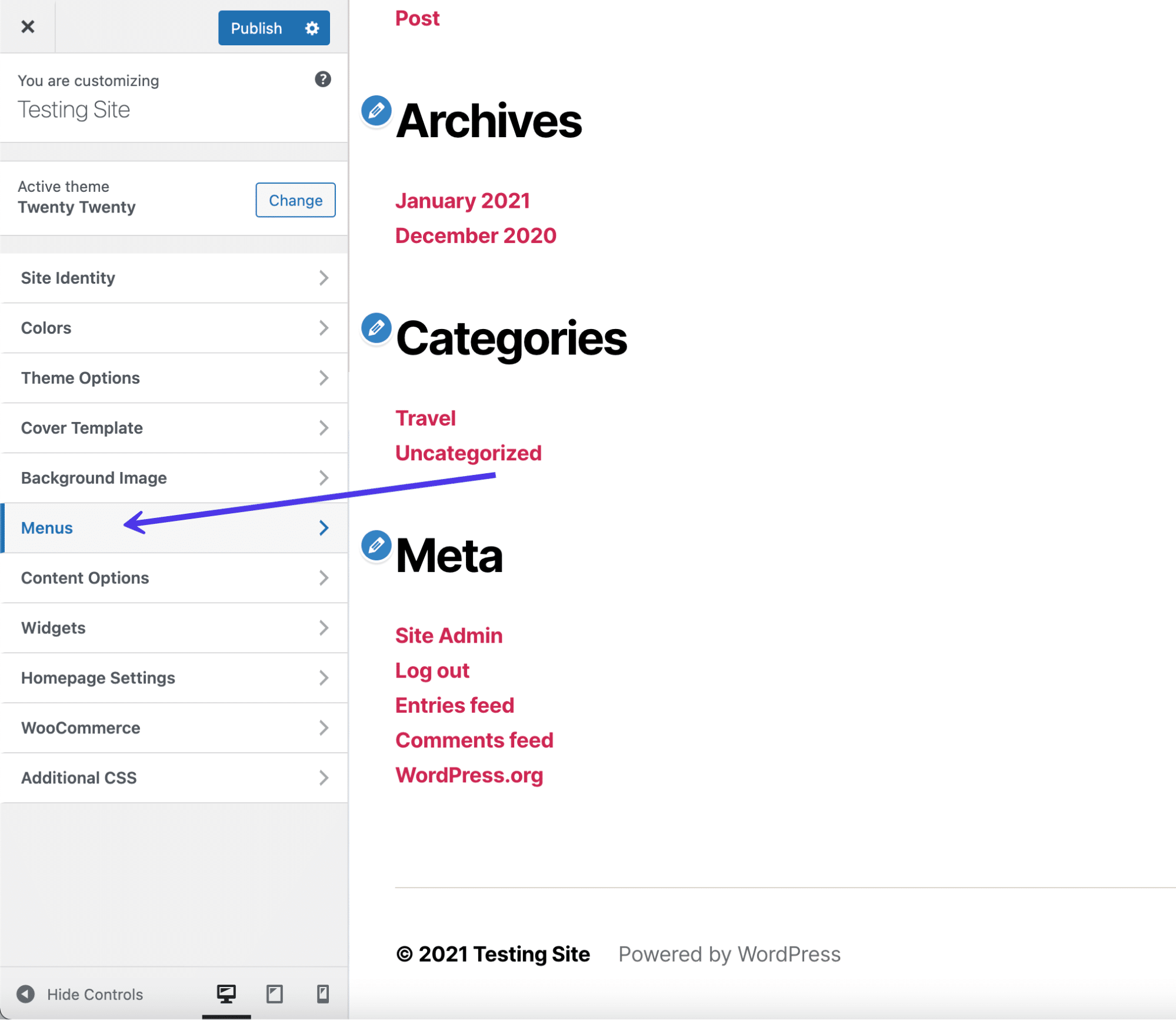 Die Registerkarte "Menüs"