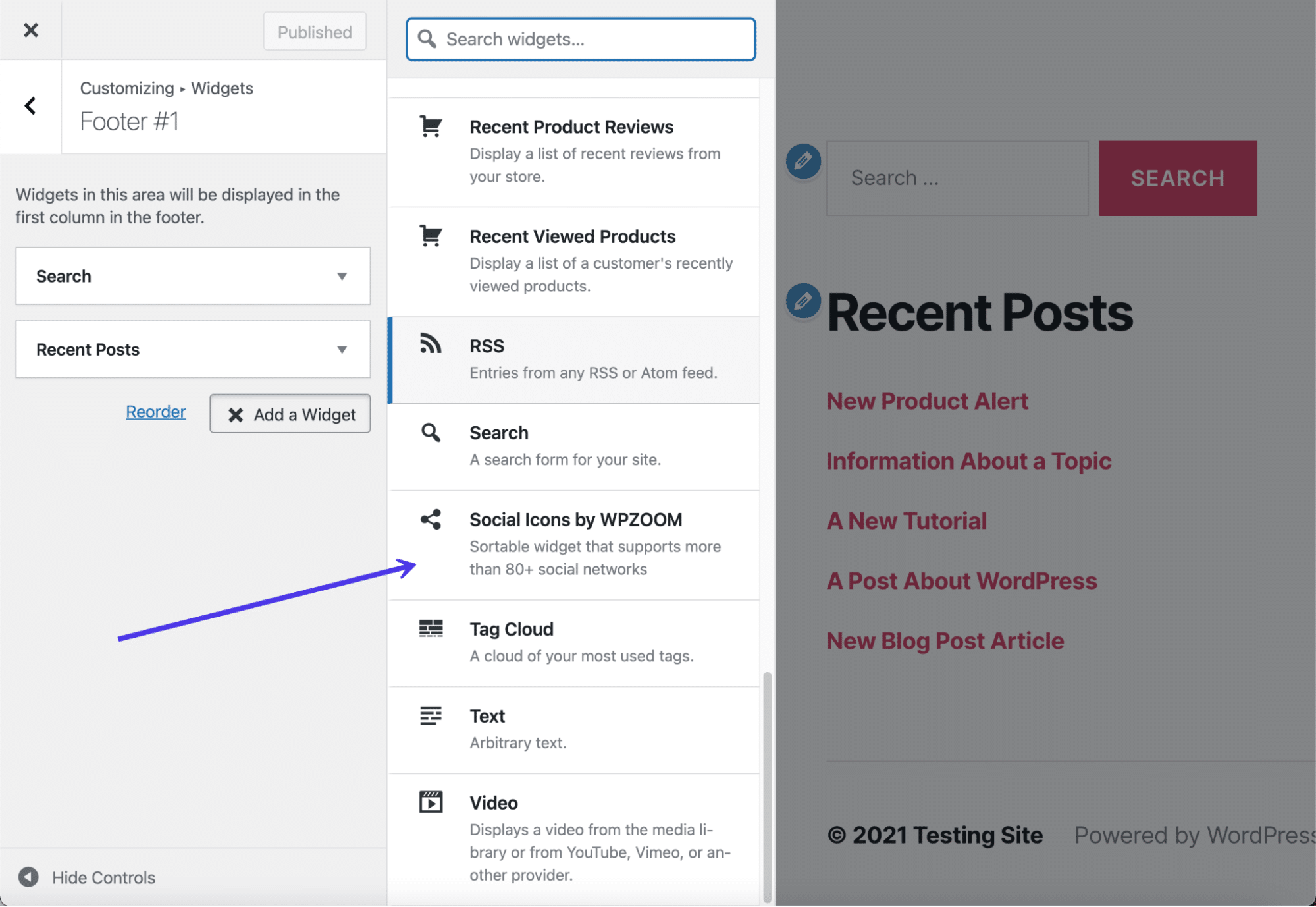 O Social Icons By WPZOOM está localizado na lista de widget.