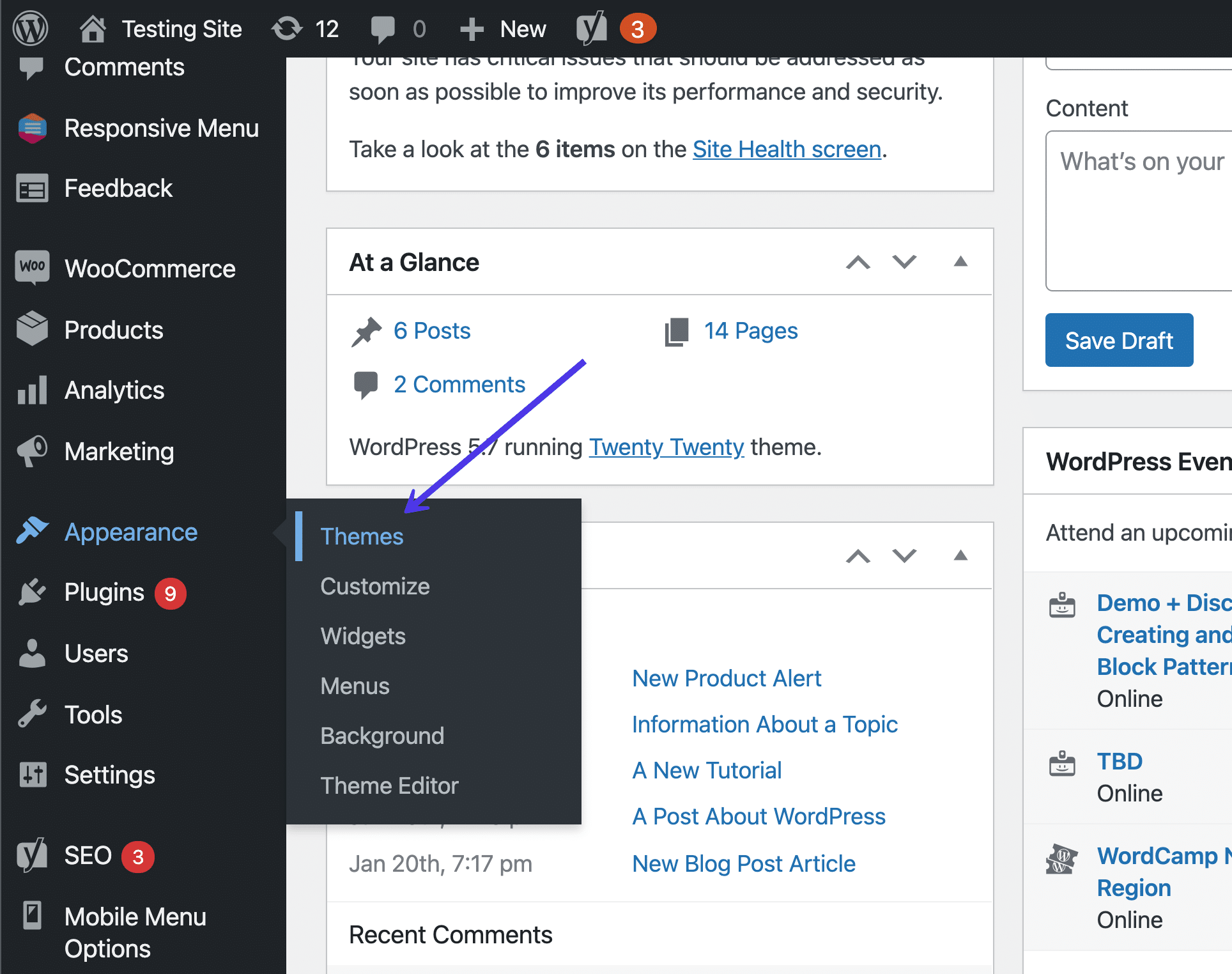 El botón de Temas en WordPress.