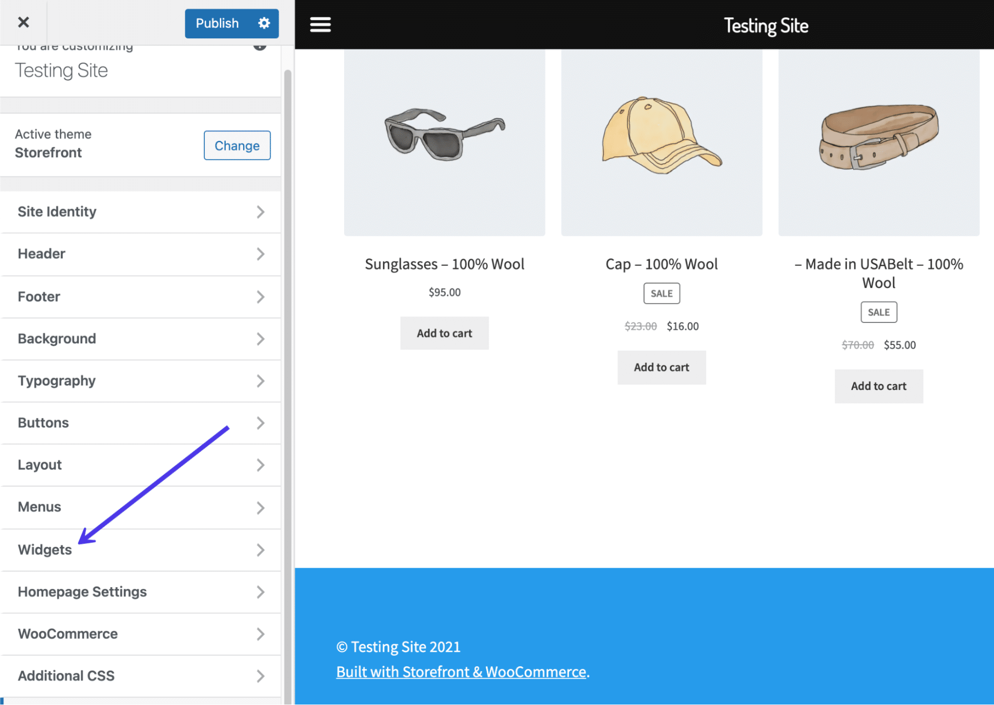 Die Registerkarte Widgets.