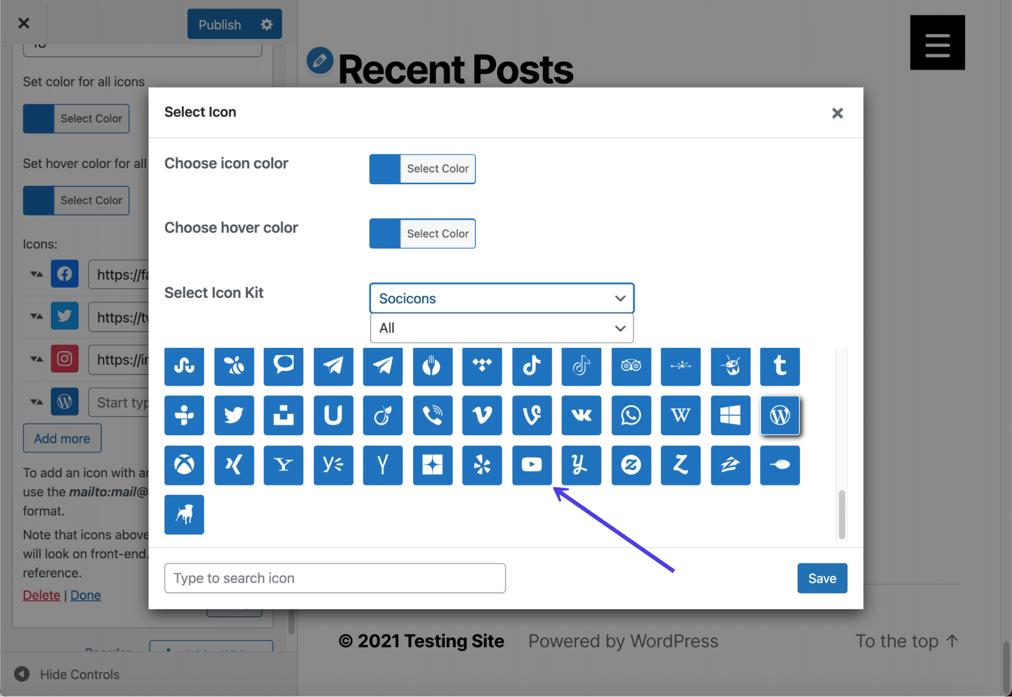 O plugin tem dezenas de ícones para escolher.