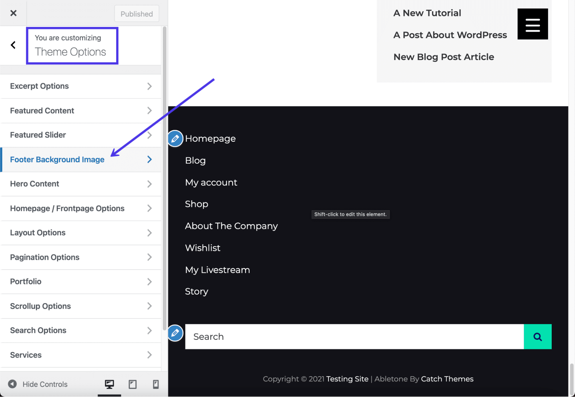 La funzione di immagine di sfondo per il footer inclusa nel tema Abletone