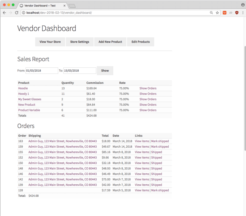 WC Vendors WooCommerce multi-vendor plugin dashboard.