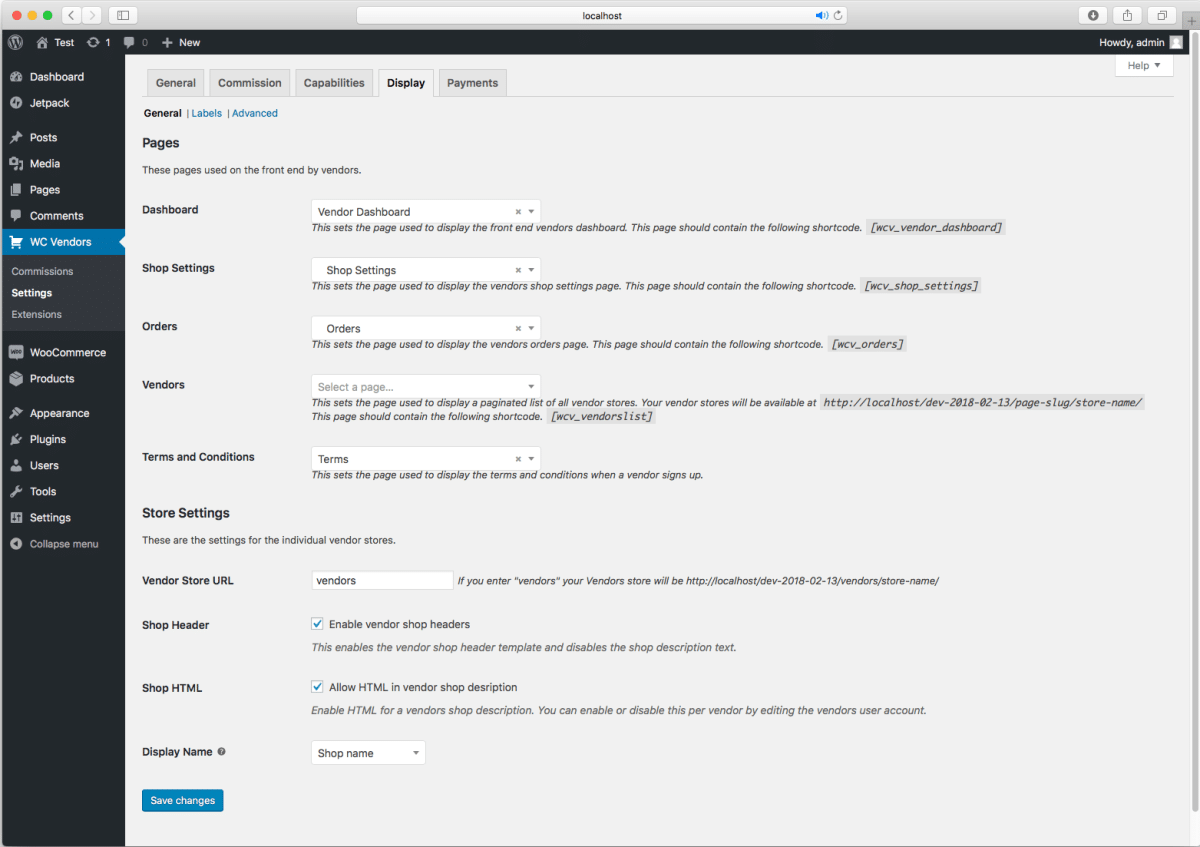 Panel de configuración del plugin WC Vendors WooCommerce multi-vendor.