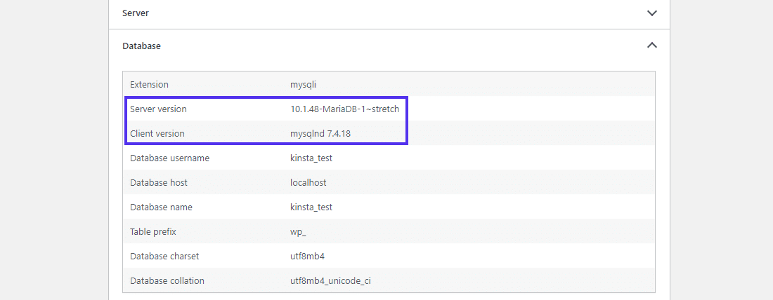 Encontrar la versión de MySQL en el tablero de WordPress.