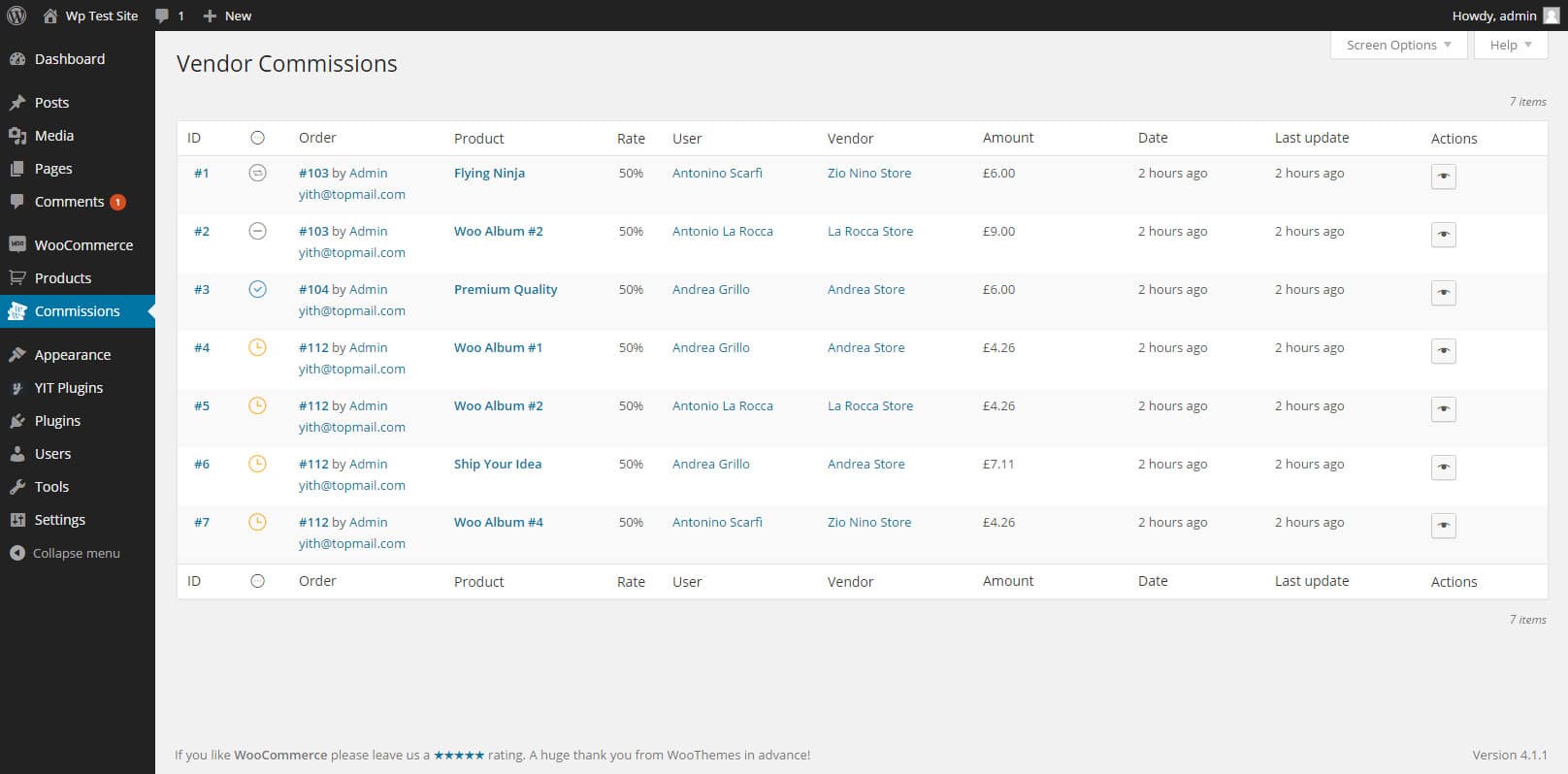 Pannello delle commissioni in YITH WooCommerce Vendor.