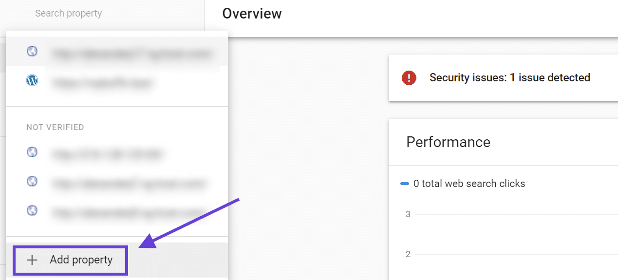 Lägga till en egendom i Google Search Console.