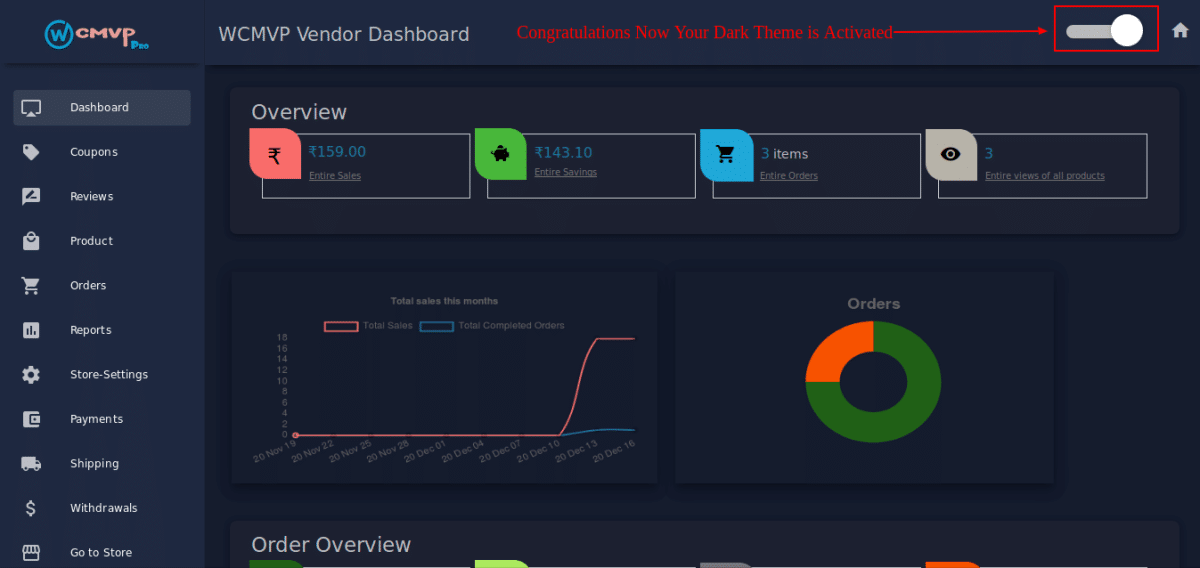 bAZAAR vendor dashboard in dark mode.