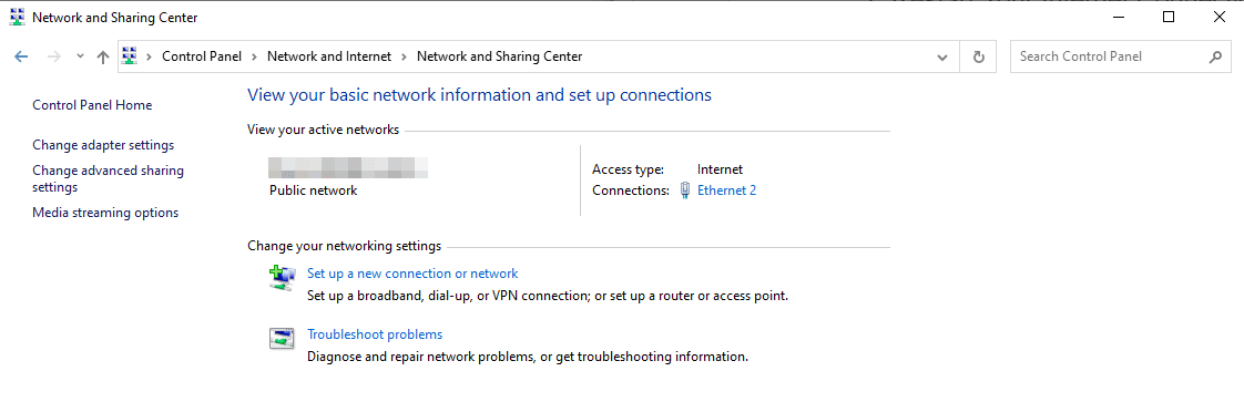 WIndow's Network and Sharing Center screen showing 