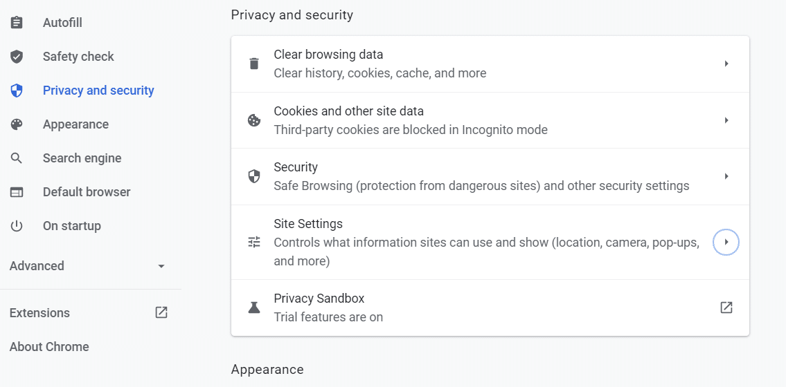 Configuring Chrome's privacy settings.