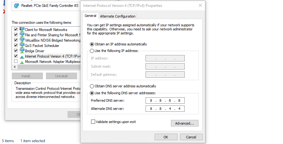 Modifying your DNS server settings via Window's Internet Protocol Version 4 options window