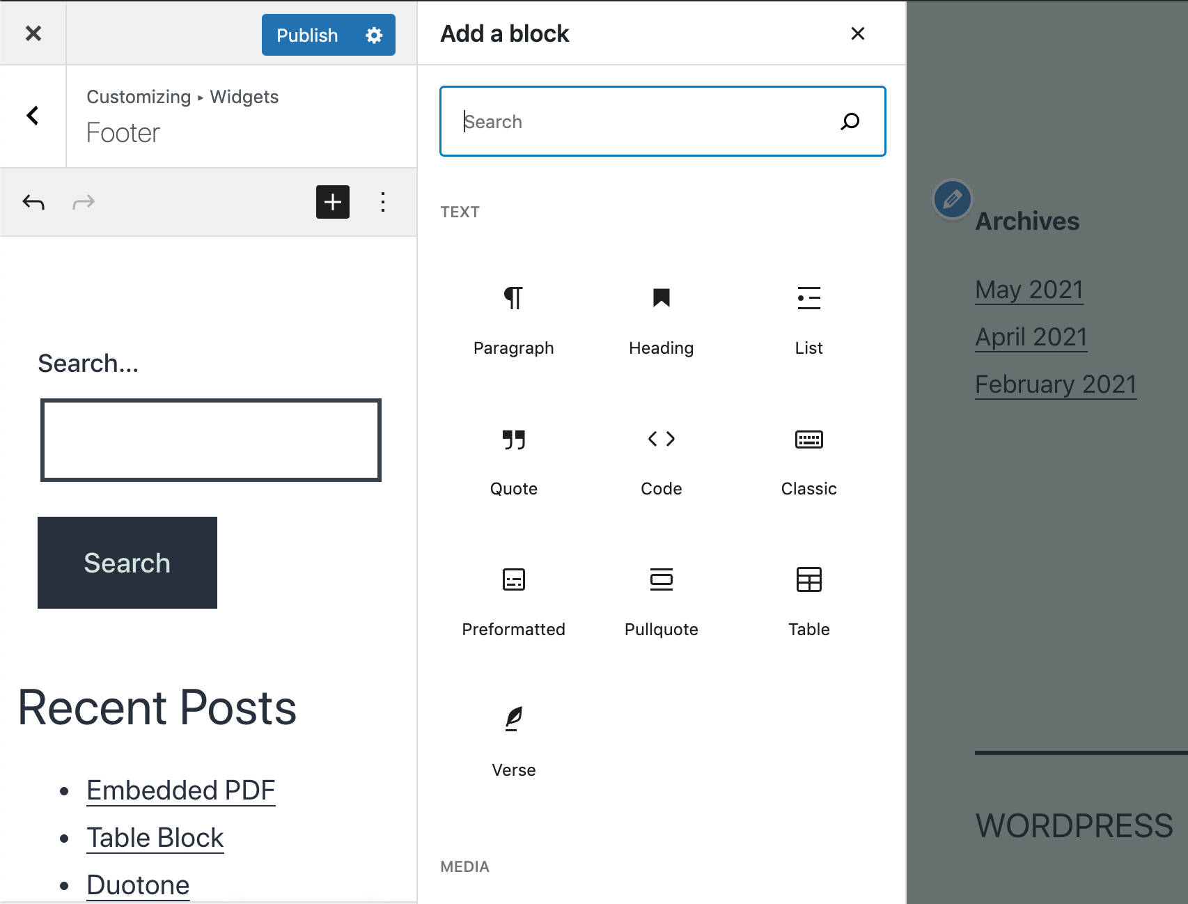 The customize widgets inserter.