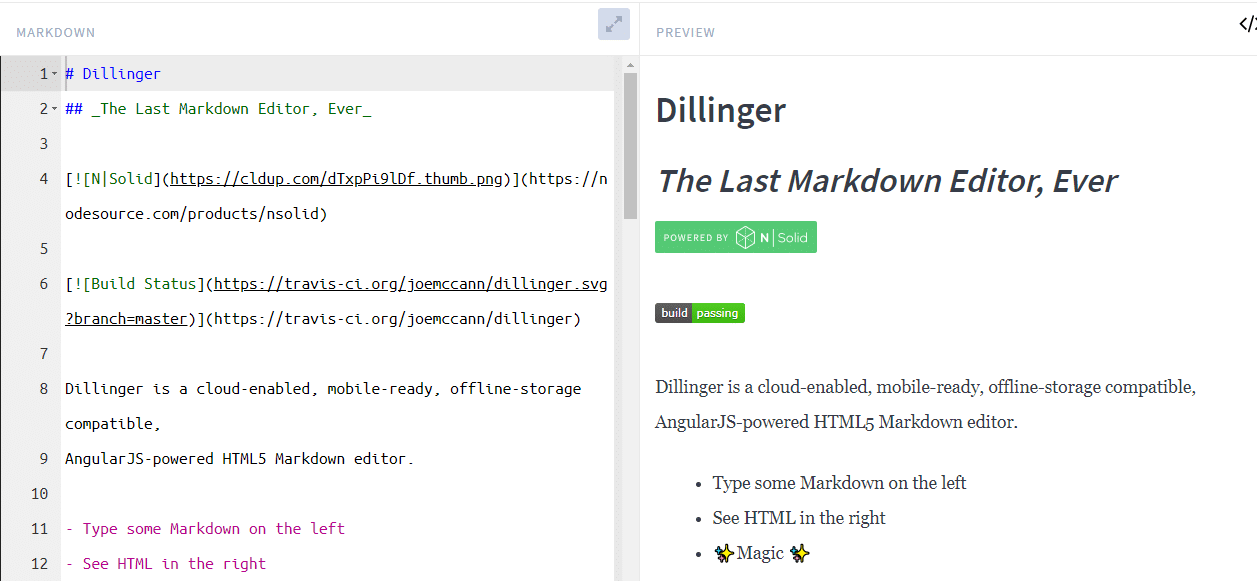 L'editor di markdown Dillinger mostra il testo markdown a sinistra e il testo stilizzato risultante a destra.