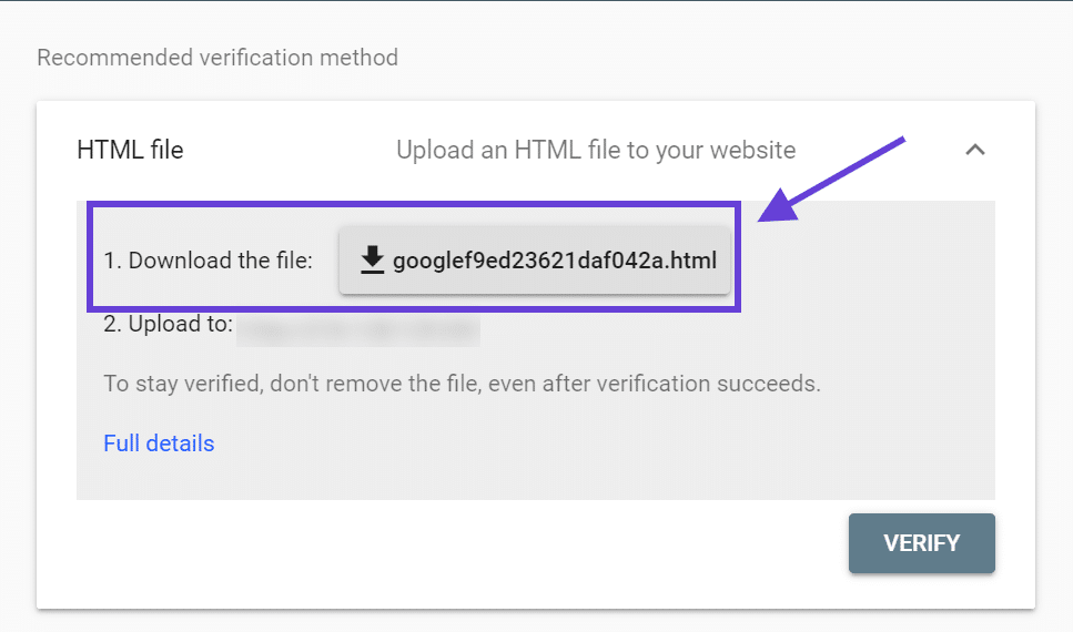 A window showing the option to download a verification file from Google Search Console.