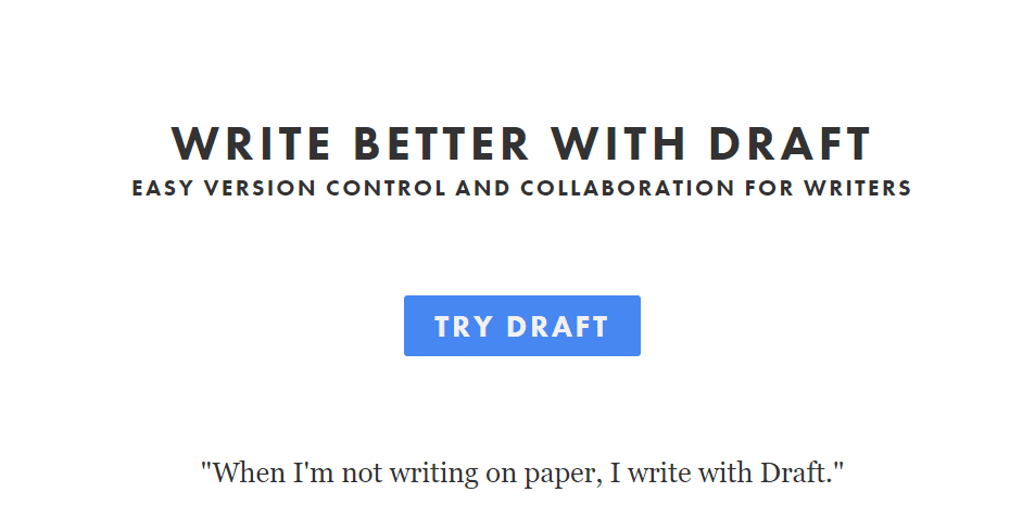 An advertisement for the Draft markdown editor with the text "Write Better With Draft: Easy Version Control and Collaboration for Writers".