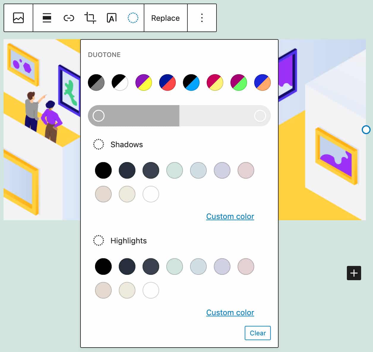 De nieuwe duotone design tool in een image block.