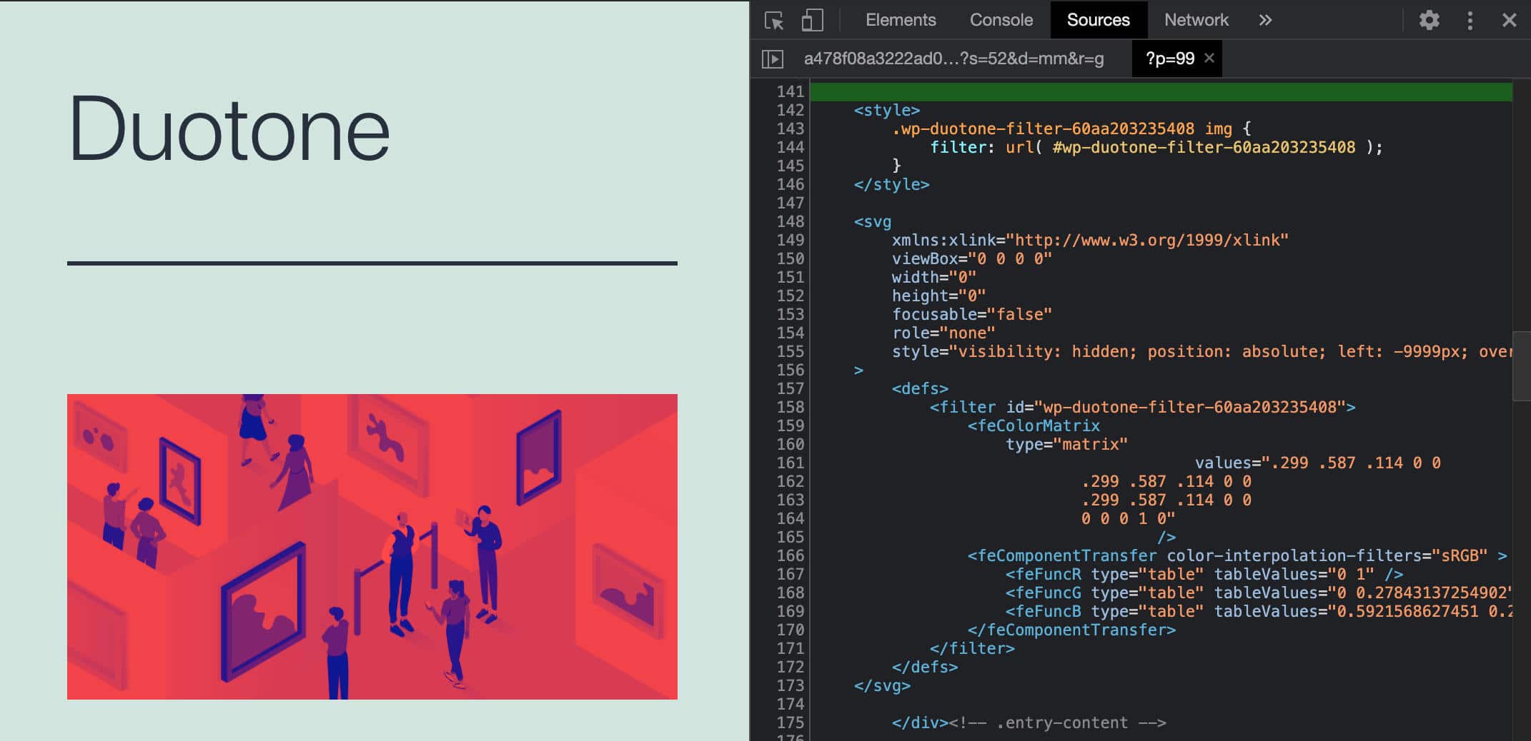 Inspecting the duotone SVG filter in Chrome DevTools.