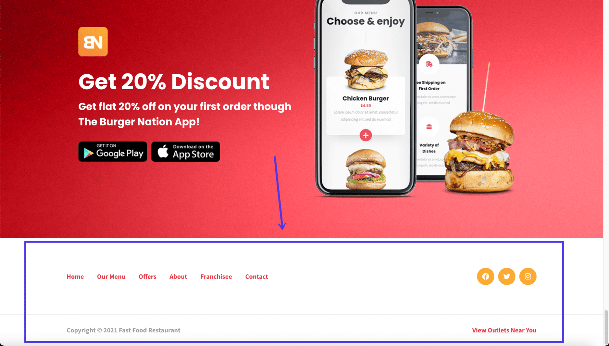 Il footer del sito di una catena di ristoranti può contenere link al menu, alle offerte e alle sedi del franchise