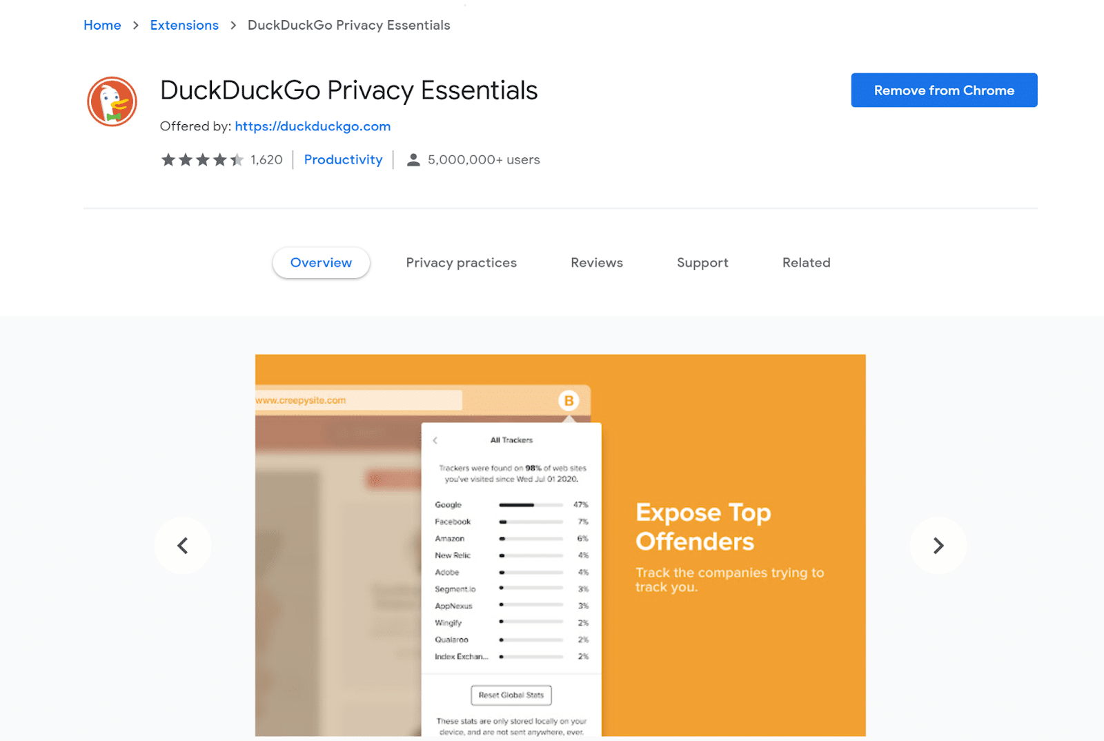 DuckDuckGo in the Google Chrome extensions store.