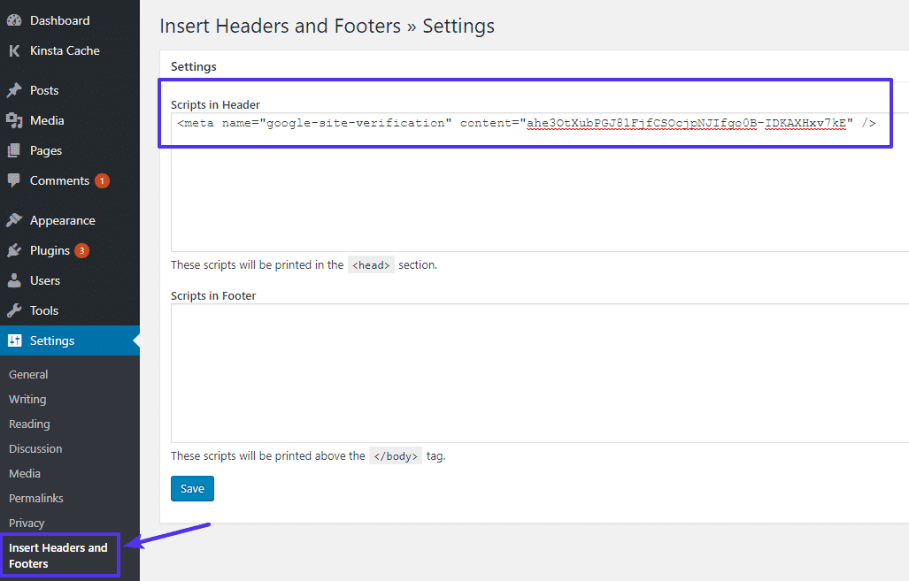 The WordPress option to add an HTML meta tag to Insert Headers and Footers plugin, with an arrow pointing at the menu option.