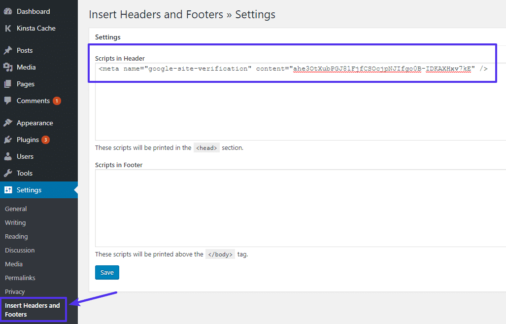 Lägg till HTML-metataggen i pluginet Insert headers and footers.