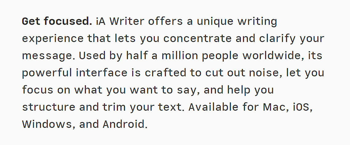 An advertisement for the iA Writer markdown editor, starting with: "Get focused. iA Writer offers a unique writing experience that lets you concentrate and clarify your message.".